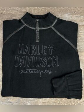 Harley-Davidson Moto Sweater | Black Quarter Zip Knit | Leather Trim | 2XL
